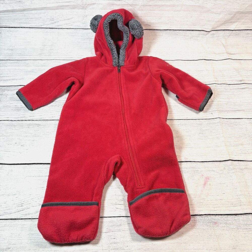 Columbia Baby Boy Girl Sz 3-6 Mo Fleece Winter Hooded Bear Red Gray Bodysuit Zip
